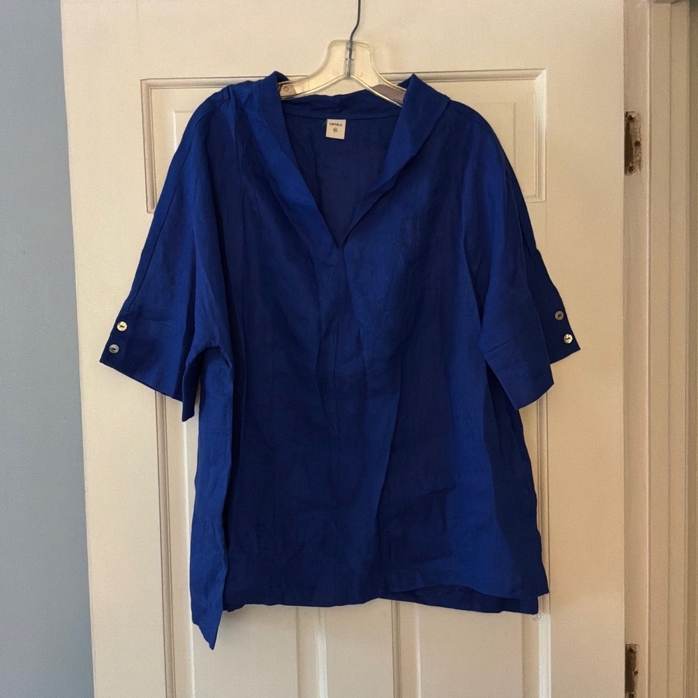 Lintico Royal Blue 100% Linen Split Neck Tunic Top XXL 2XL Coastal Boho Chic